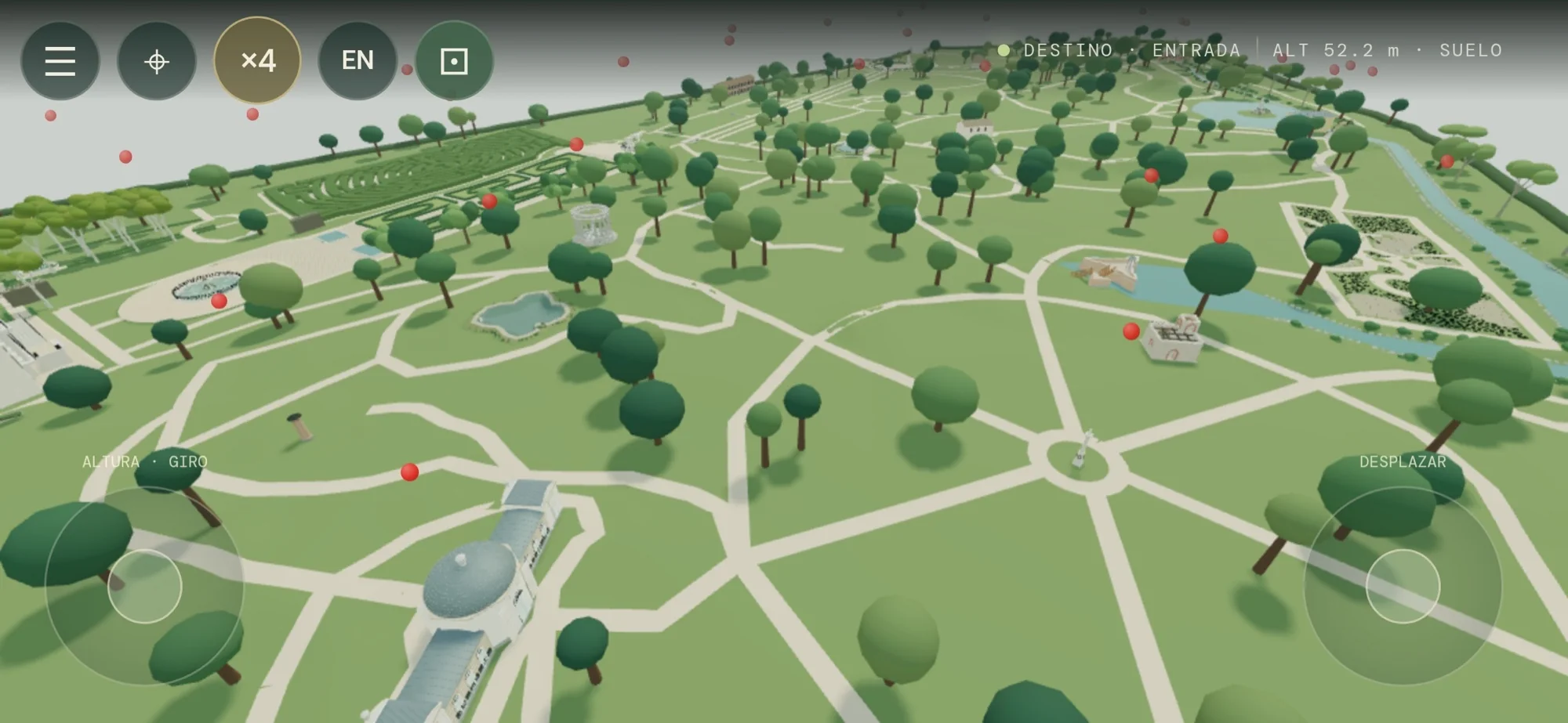 Actual mobile application screenshot: landscape view, touch controls and landmark markers