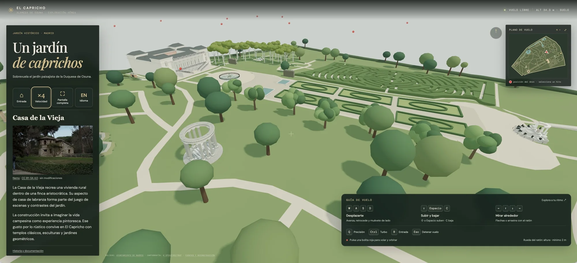 Actual desktop application screenshot: aerial garden view, map and historical description