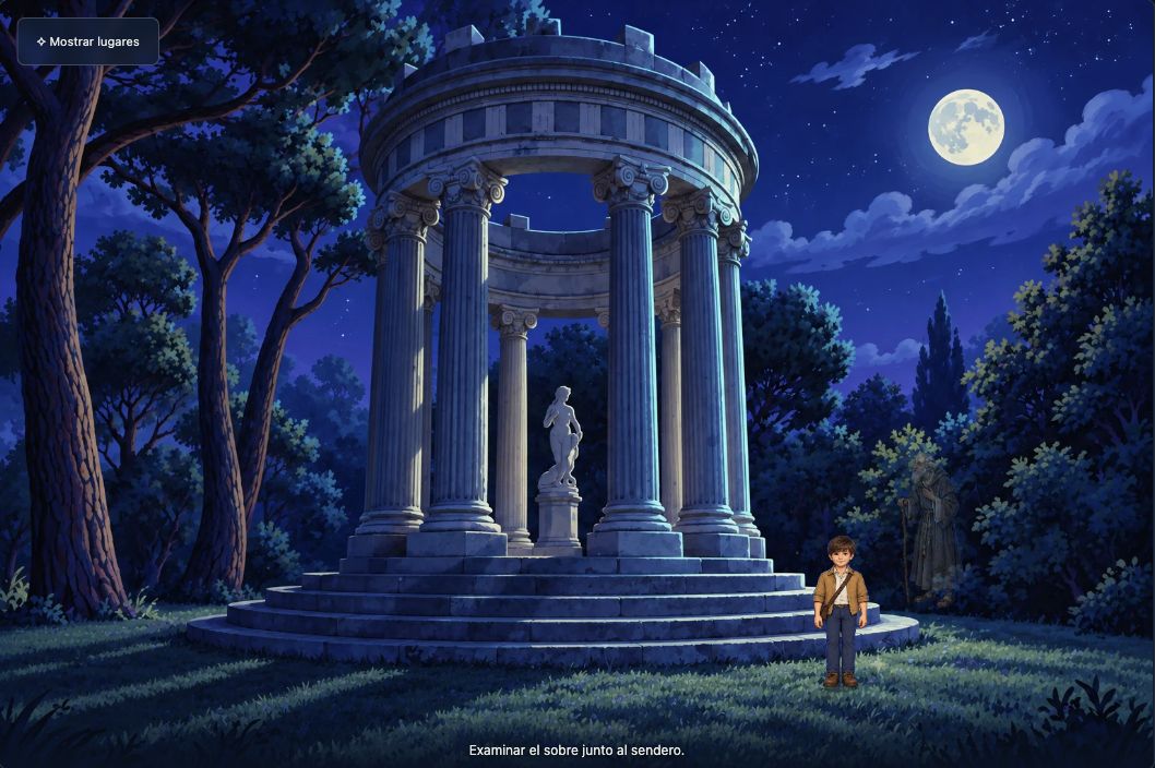 Álex ante el Templete de Baco iluminado por la luna, en una escena ilustrada del videojuego
