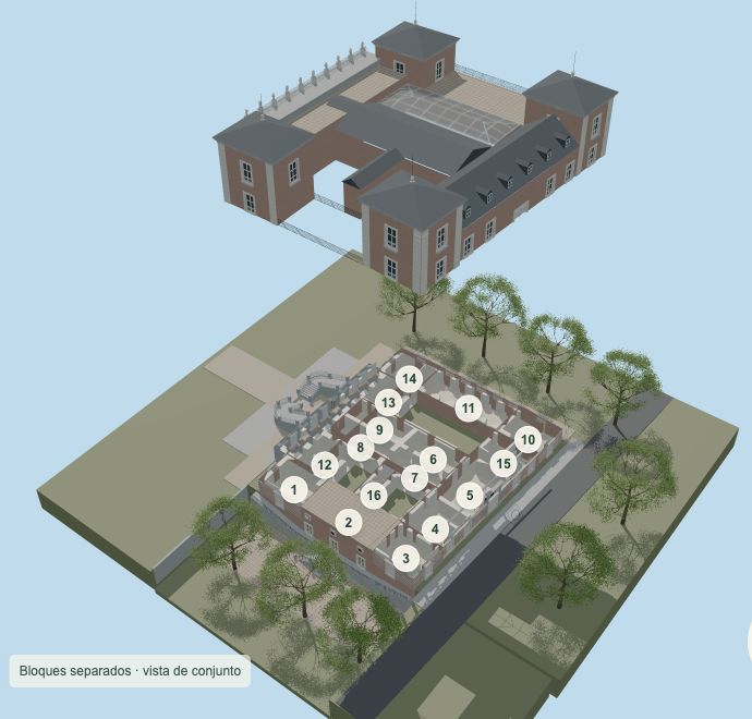 Captura real del Palacio en 3D: bloque superior separado y distribución de la planta baja con espacios numerados